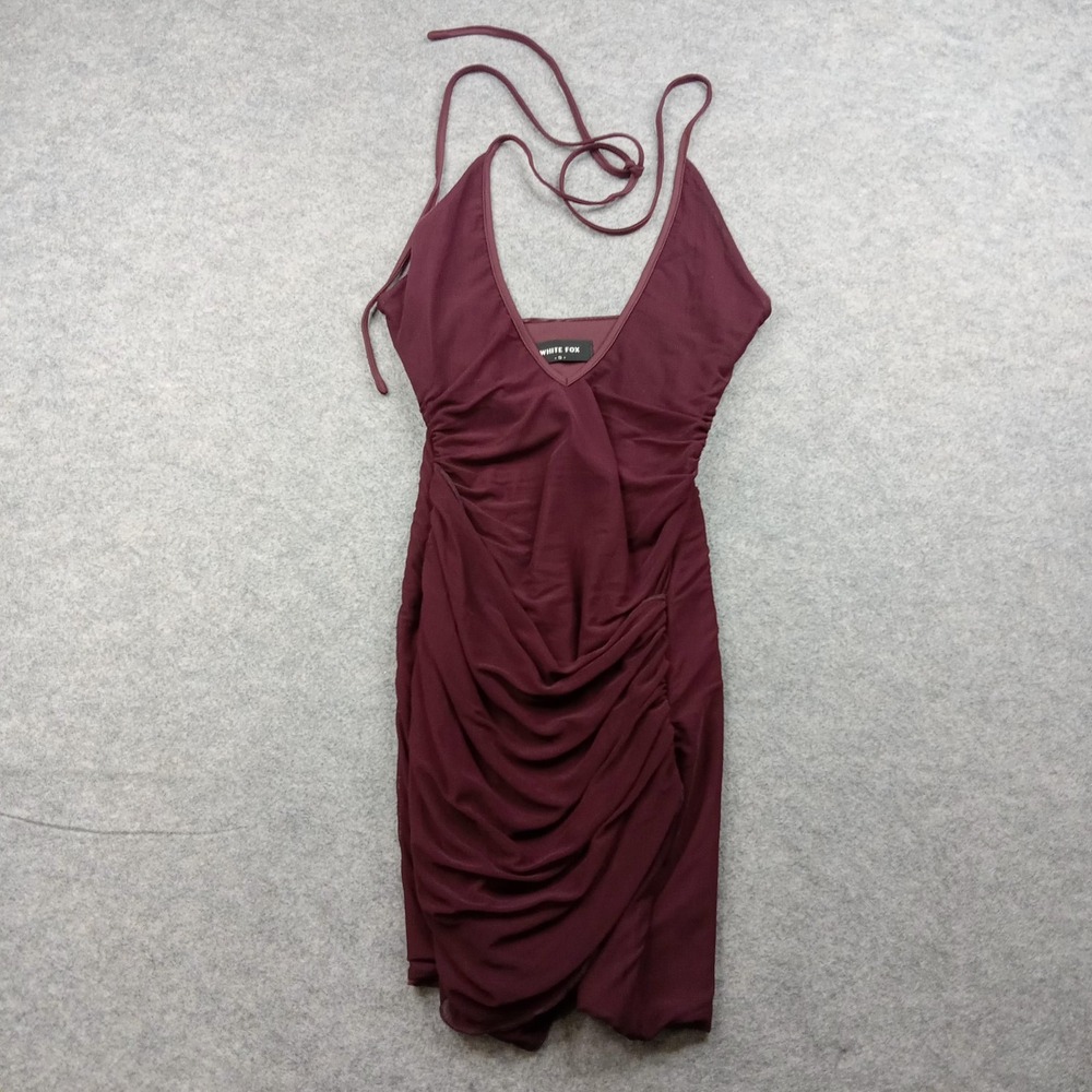 White Fox Dress Womens Small Red Ruched Bodycon Mini V Neck Strappy Cocktail